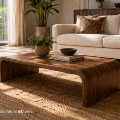 Solid wood coffee table with rounded edges and natural grain finish