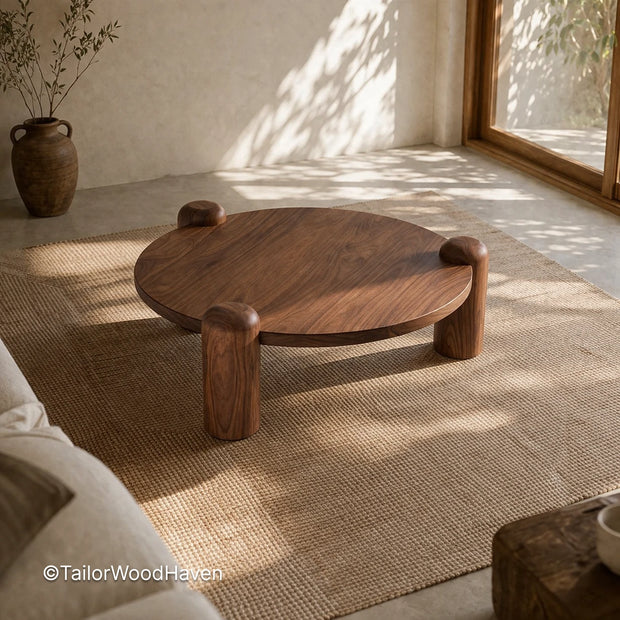 Round walnut coffee table with solid wood construction and natural grain