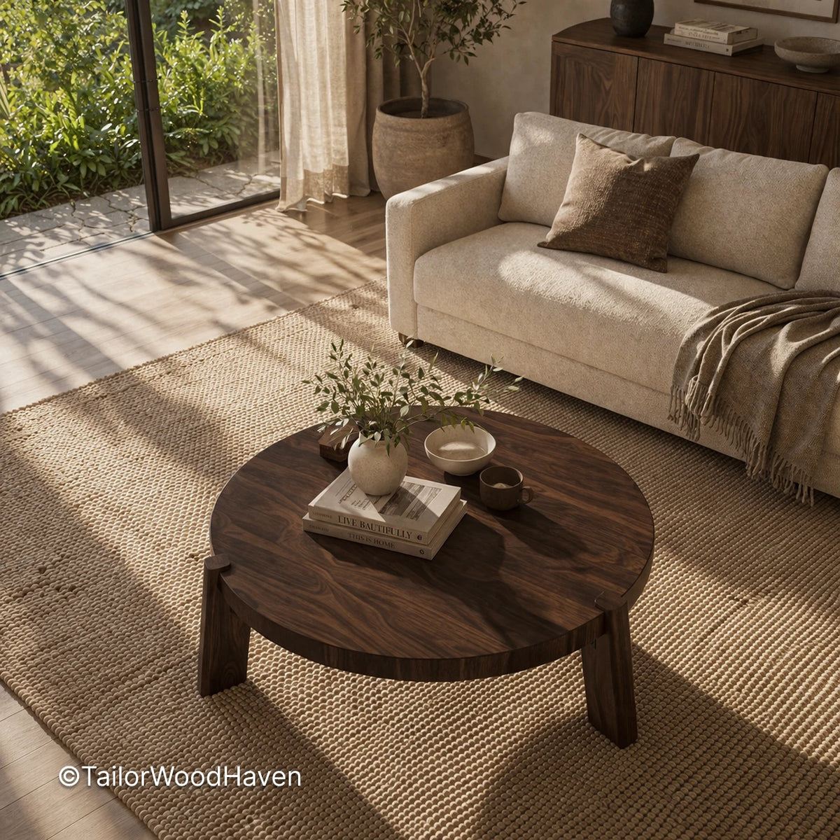 Dark wood round coffee table with balanced proportions and solid construction