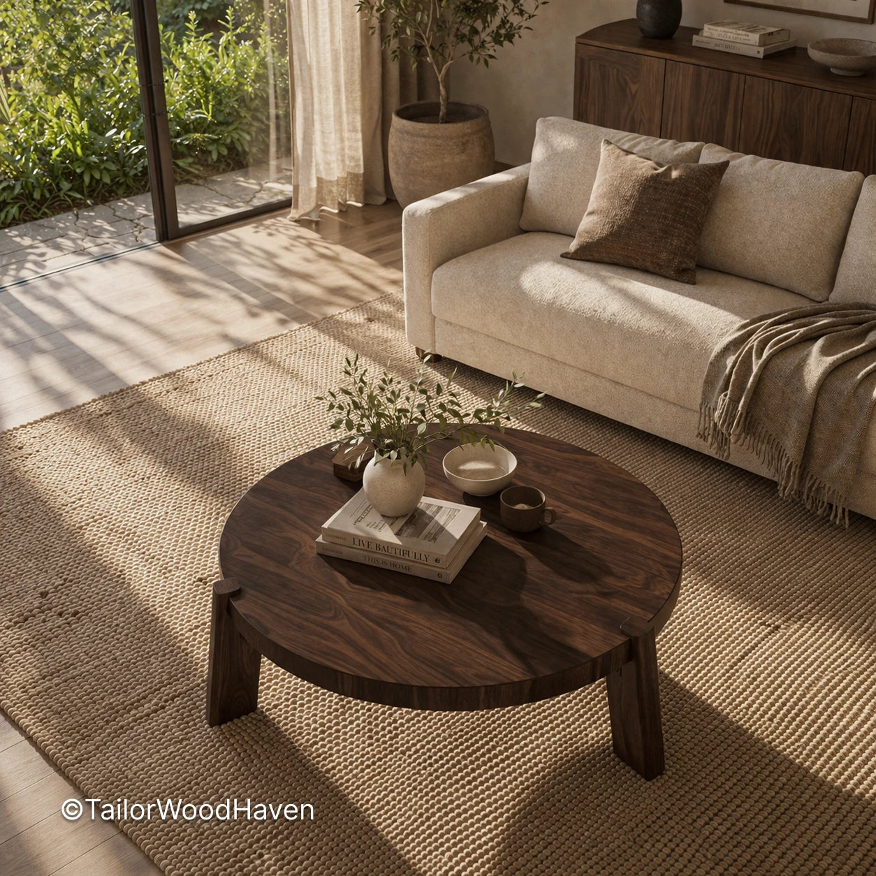 Dark wood round coffee table with balanced proportions and solid construction