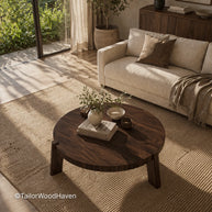 Dark wood round coffee table with balanced proportions and solid construction