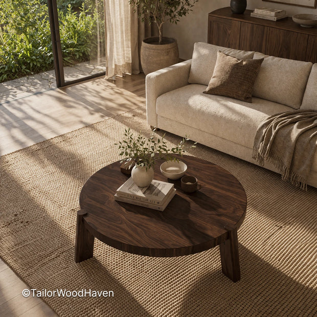 Dark wood round coffee table with balanced proportions and solid construction