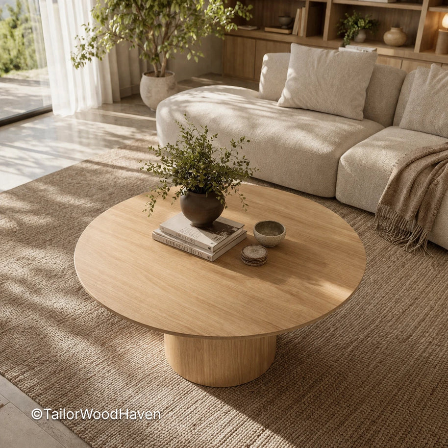 White circle coffee table with clean design and smooth surface in a bright living room
