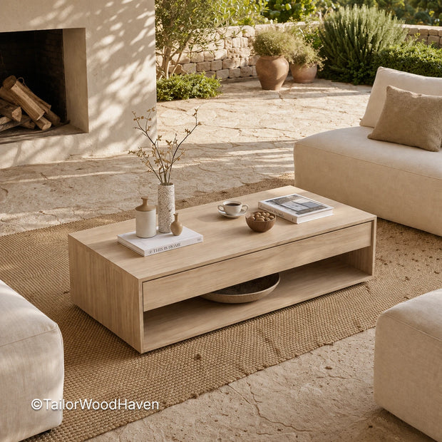 Minimal white square coffee table with structured form and balanced proportions