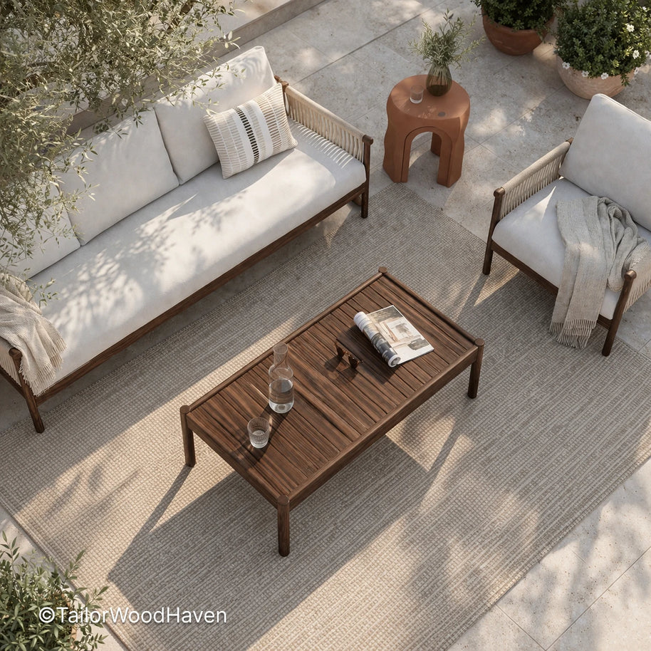 Outdoor rectangular coffee table with solid wood build for covered patio use