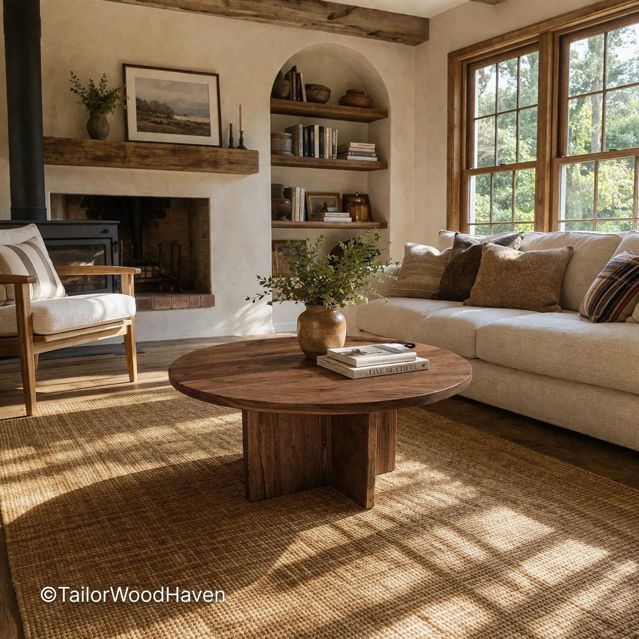 Farmhouse style round coffee table with clean edges and smooth surface