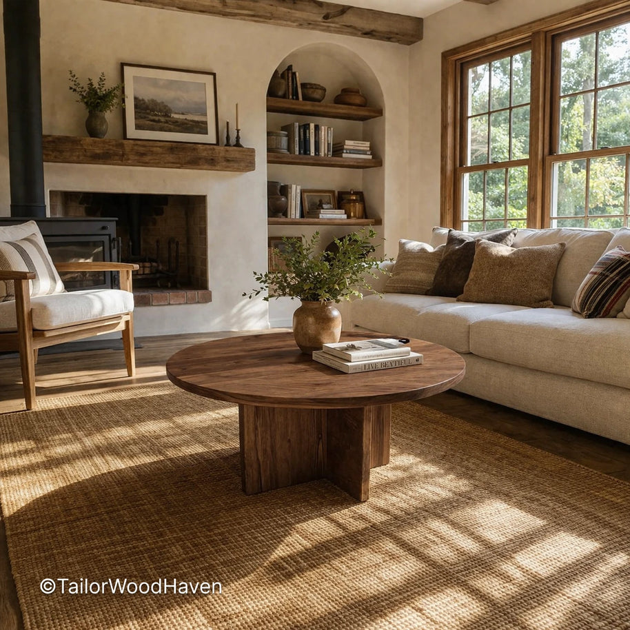 Farmhouse style round coffee table with clean edges and smooth surface