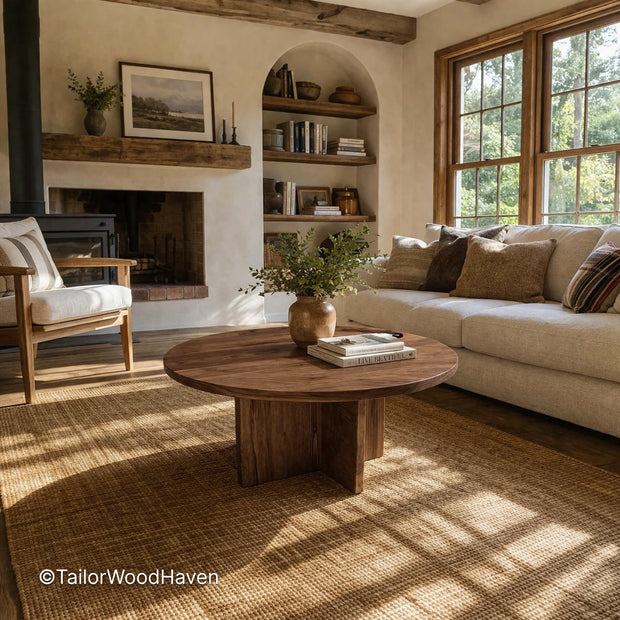 Farmhouse style round coffee table with clean edges and smooth surface