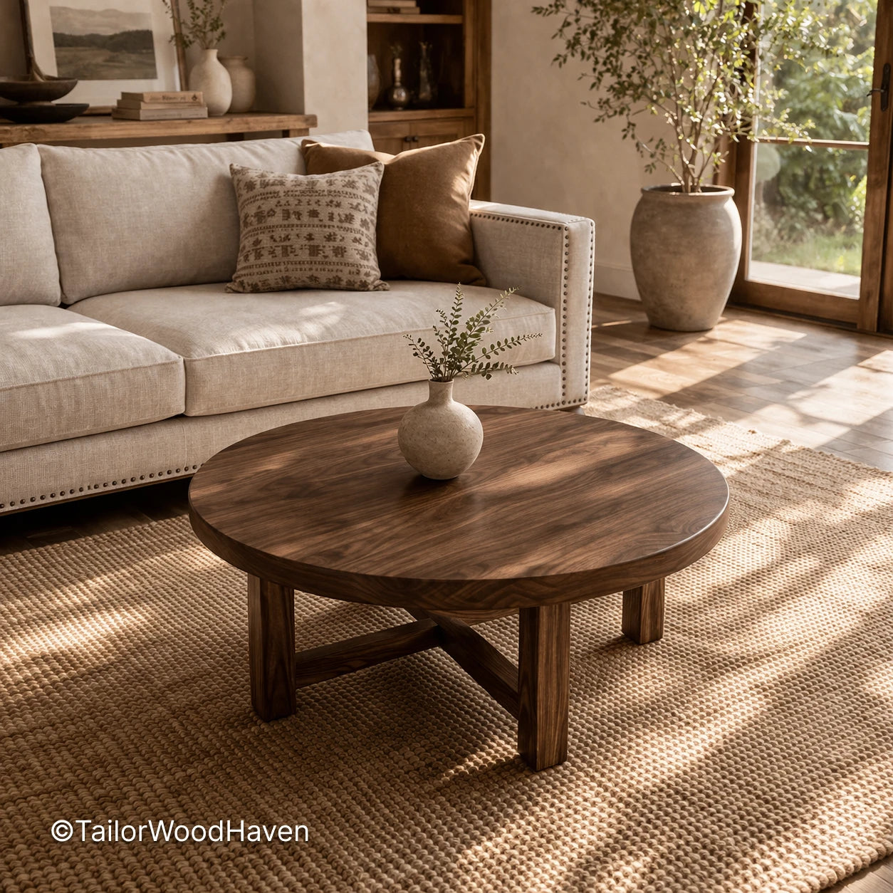 Round brown wood coffee table with balanced proportions and solid construction