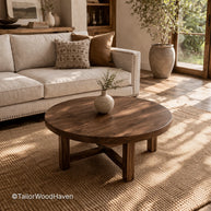 Round brown wood coffee table with balanced proportions and solid construction