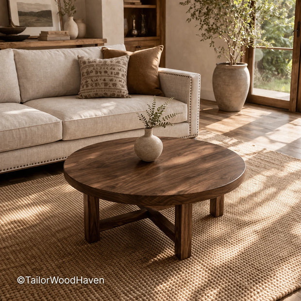 Round brown wood coffee table with balanced proportions and solid construction