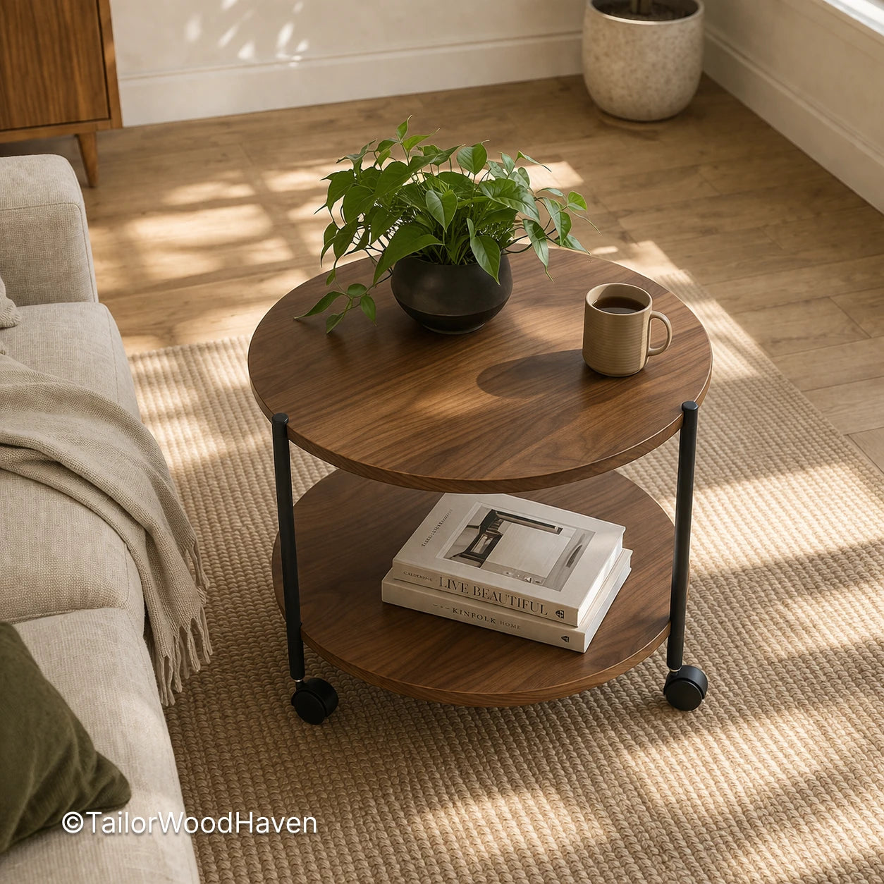 Solid wood coffee table on wheels with clean edges and easy mobility