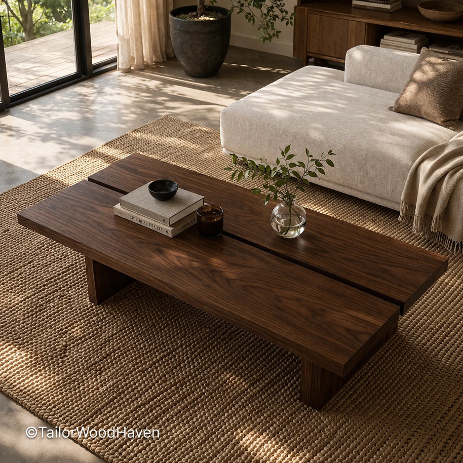 Solid wood rectangular coffee table with dark finish and smooth surface
