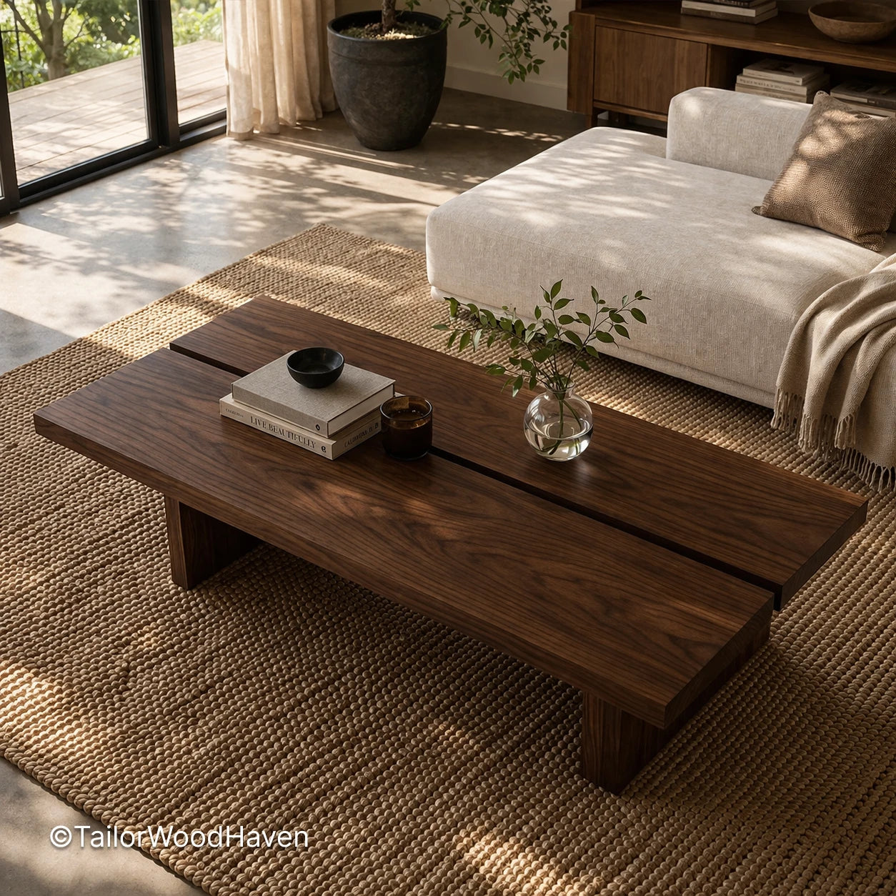 Solid wood rectangular coffee table with dark finish and smooth surface