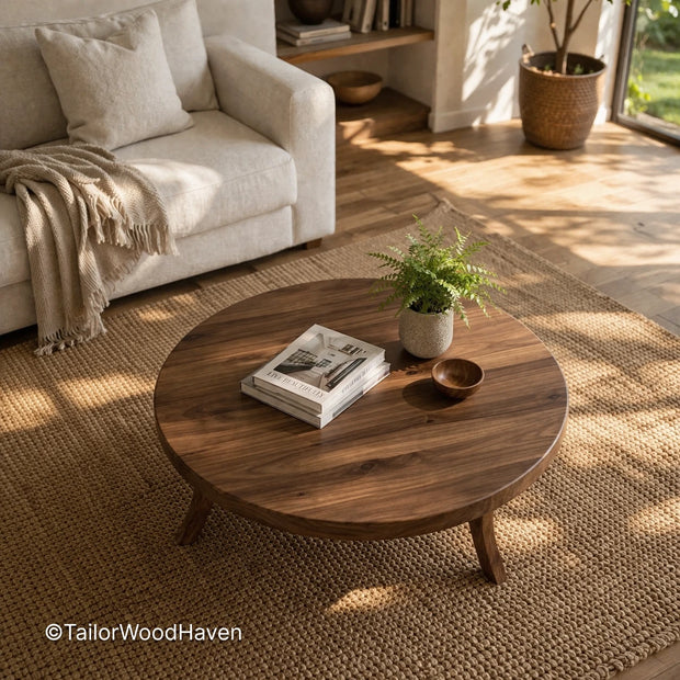 Round sitting room table with clean design and smooth surface in a cozy living space