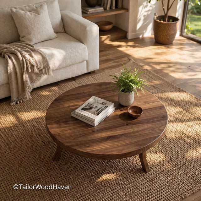 Round sitting room table with clean design and smooth surface in a cozy living space