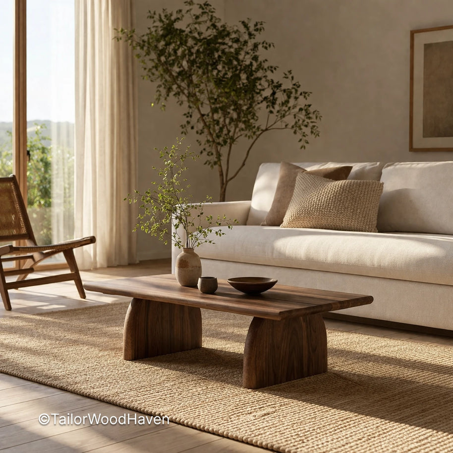 Solid wood rectangular coffee table designed for everyday use with natural grain variation