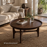 Solid round dark wood coffee table designed for everyday use with durable surface