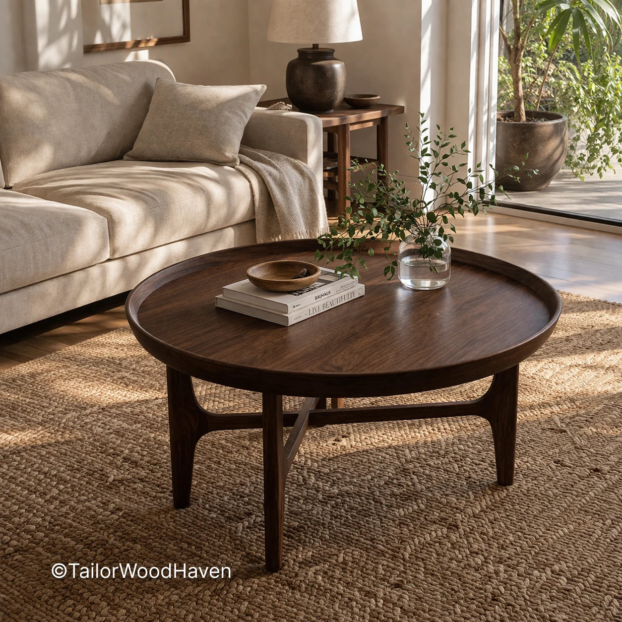 Solid round dark wood coffee table designed for everyday use with durable surface