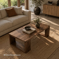 Solid wood coffee table with natural grain variation designed for everyday use