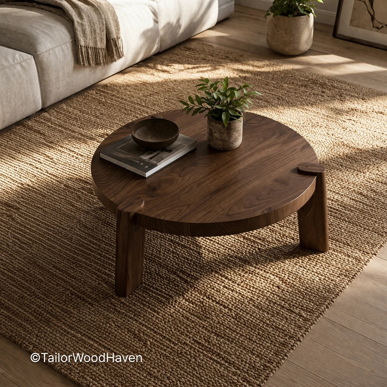 Durable solid round wood coffee table designed for everyday use with natural grain variation