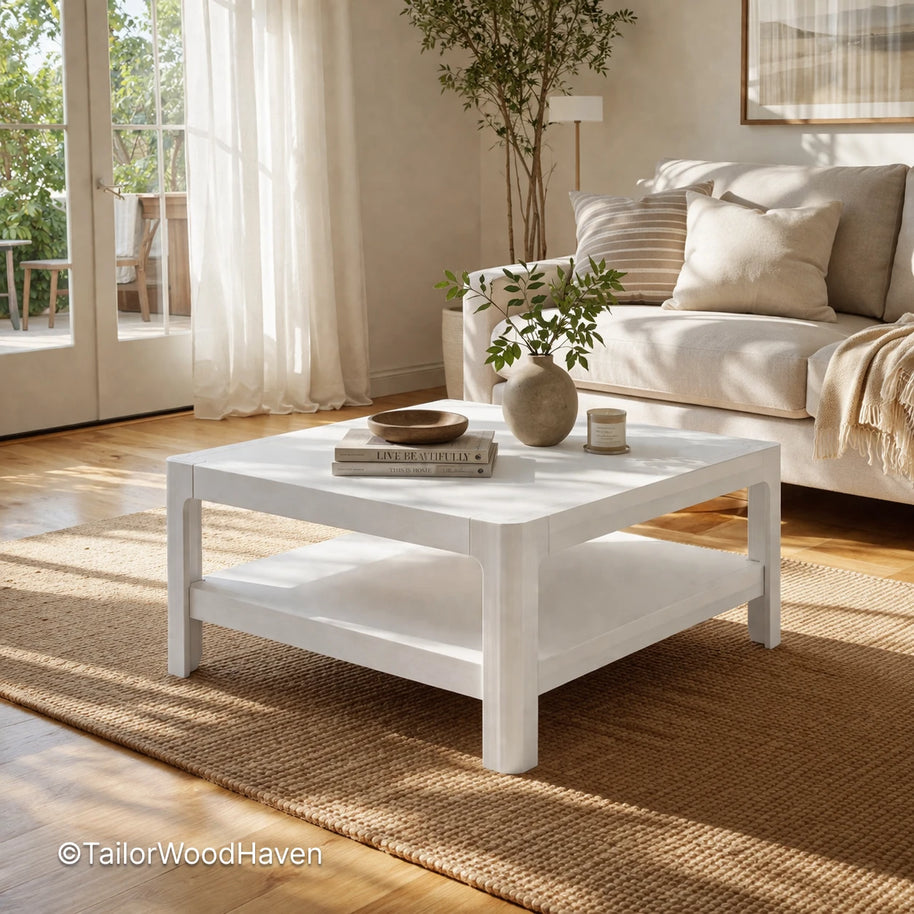 Modern white coffee table with rectangular top and sturdy construction
