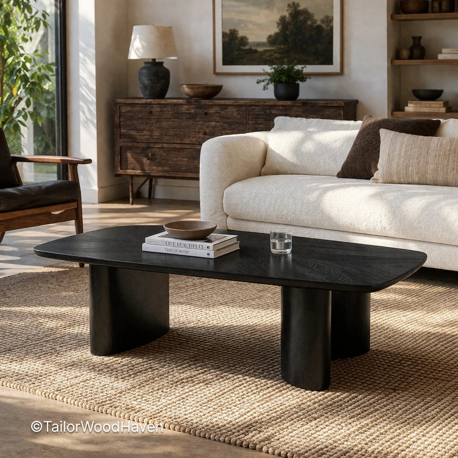 Modern black wood coffee table with rectangular top and sturdy construction