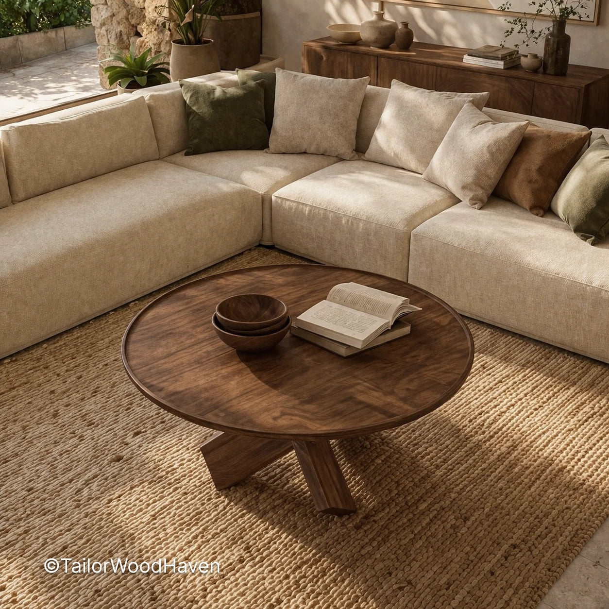 Solid wood round coffee table with white finish and simple design