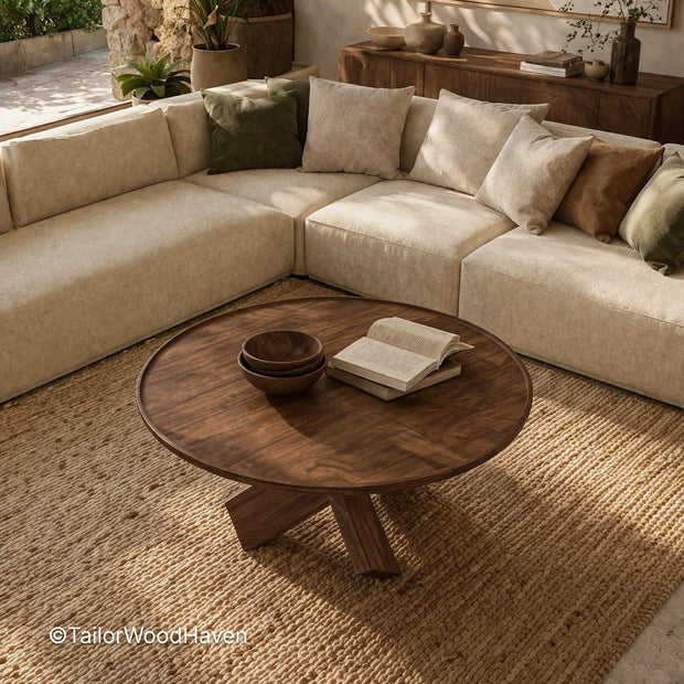 Solid wood round coffee table with white finish and simple design