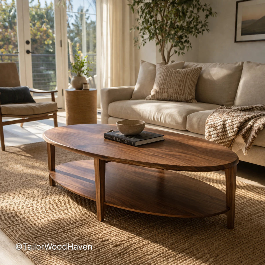 Solid wood modern coffee table designed for everyday use with natural grain