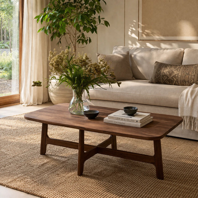 Minimal brown wood coffee table with smooth surface and balanced proportions