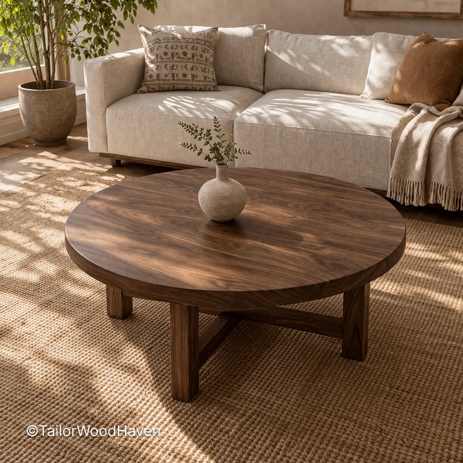 Circular coffee table with brown finish and simple everyday style
