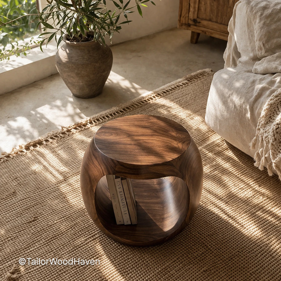 Solid wood round coffee table for small spaces with space-saving design and smooth surface