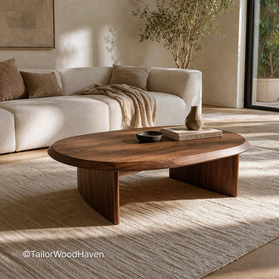 Solid wood oval coffee table designed for everyday use with natural grain variation