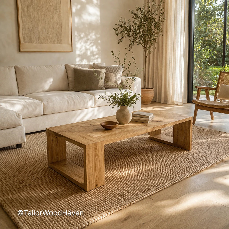 Minimal oak rectangular coffee table with sturdy construction and balanced proportions