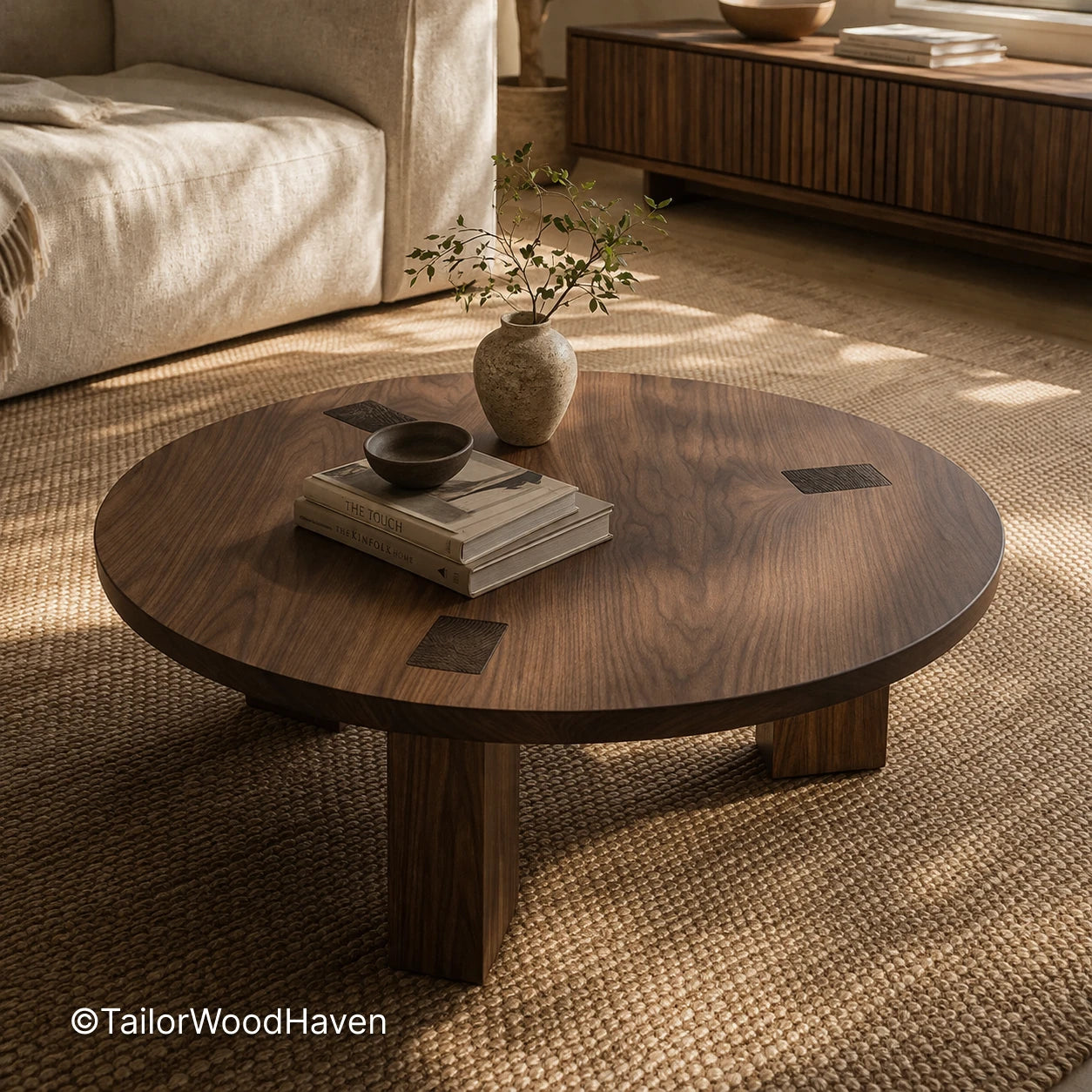 Solid wood round coffee table placed as a central piece in a living room