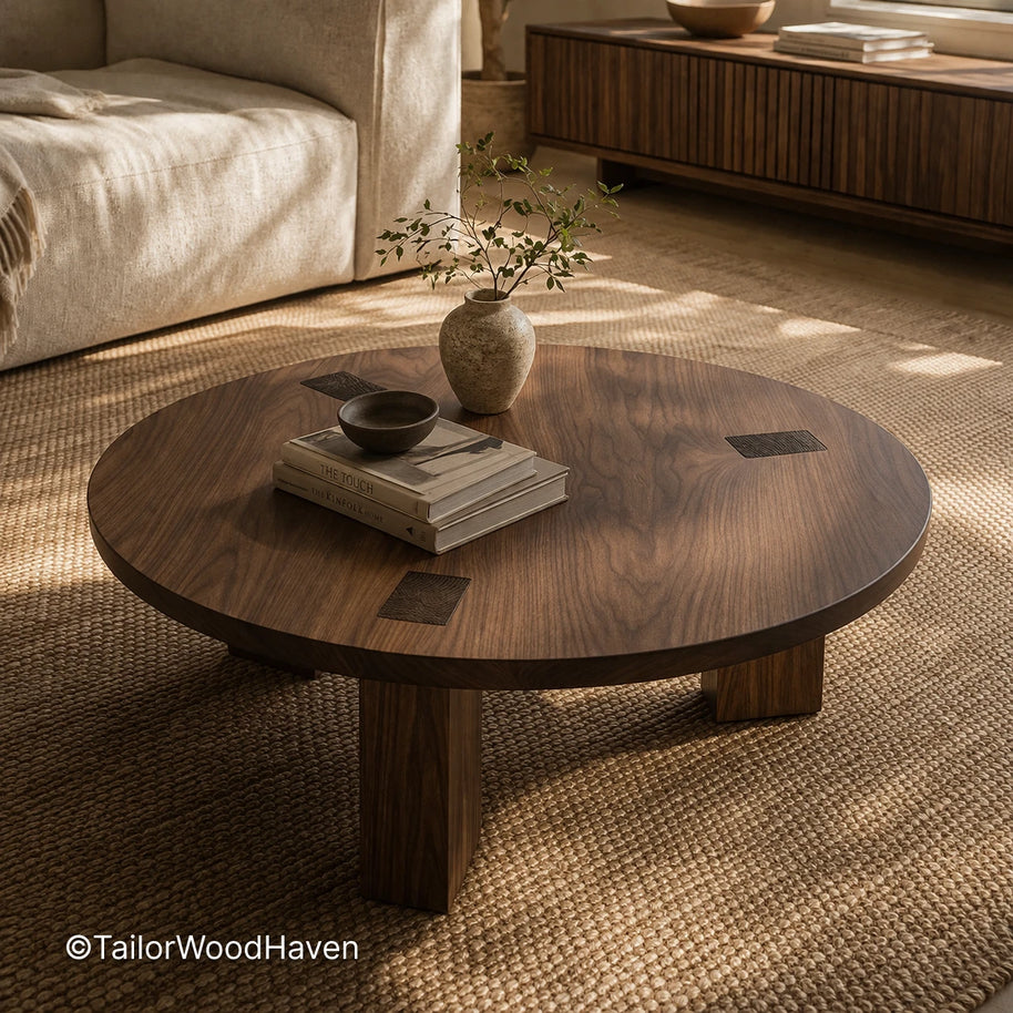 Solid wood round coffee table placed as a central piece in a living room