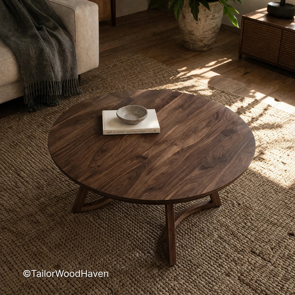 Solid wood circle coffee table with balanced shape and simple design