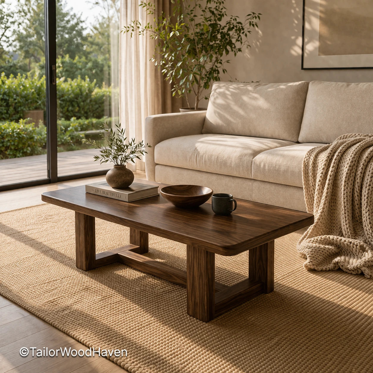 Minimal rectangular wood coffee table with sturdy construction and simple form