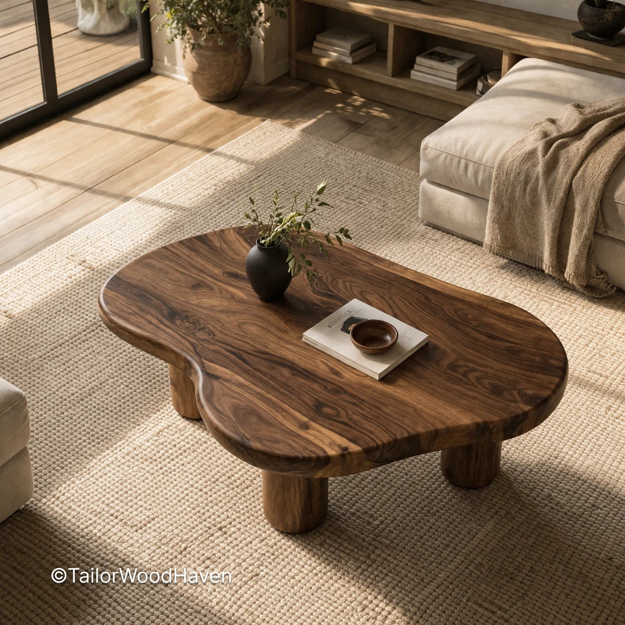 Solid wood circular coffee table designed for everyday use with natural grain variation
