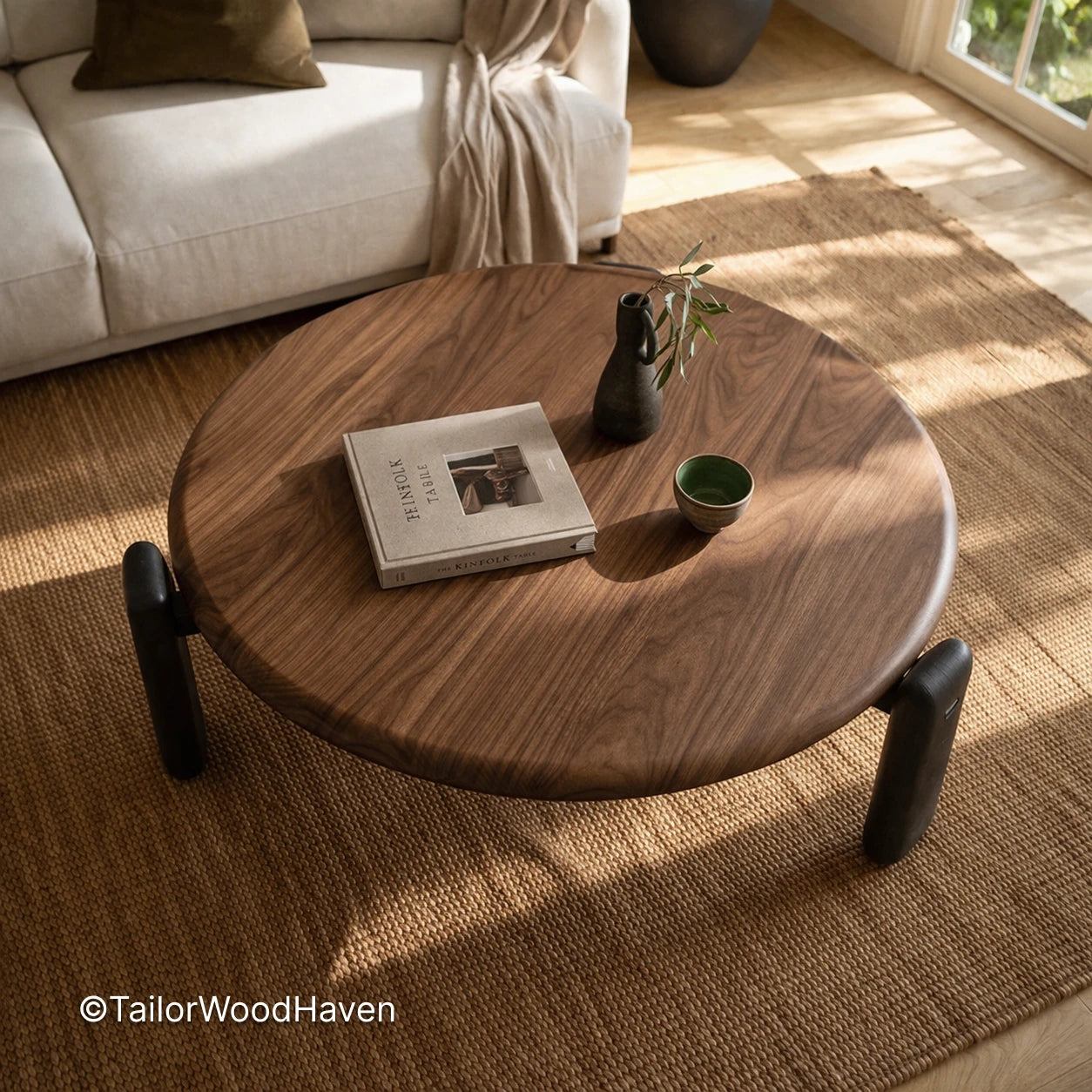 Solid wood round coffee table with 30 inch diameter for small spaces