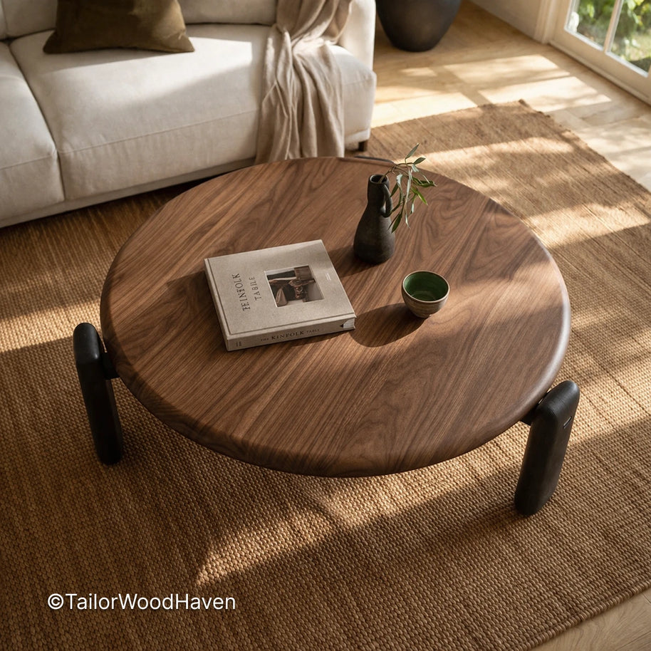 Solid wood round coffee table with 30 inch diameter for small spaces