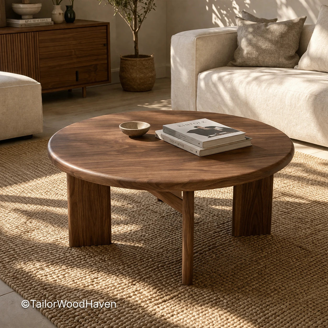 Solid wood circular coffee table with durable surface and natural variation