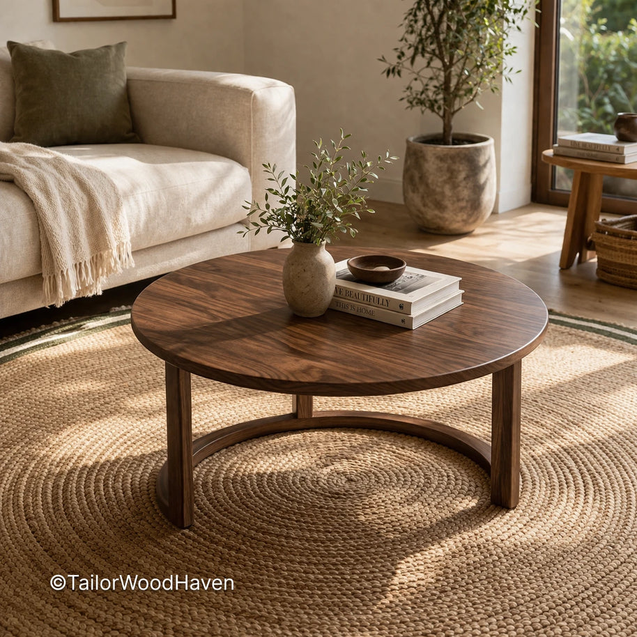Solid wood little round coffee table with smooth surface and balanced proportions