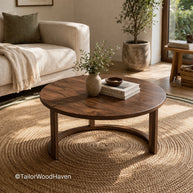 Solid wood little round coffee table with smooth surface and balanced proportions