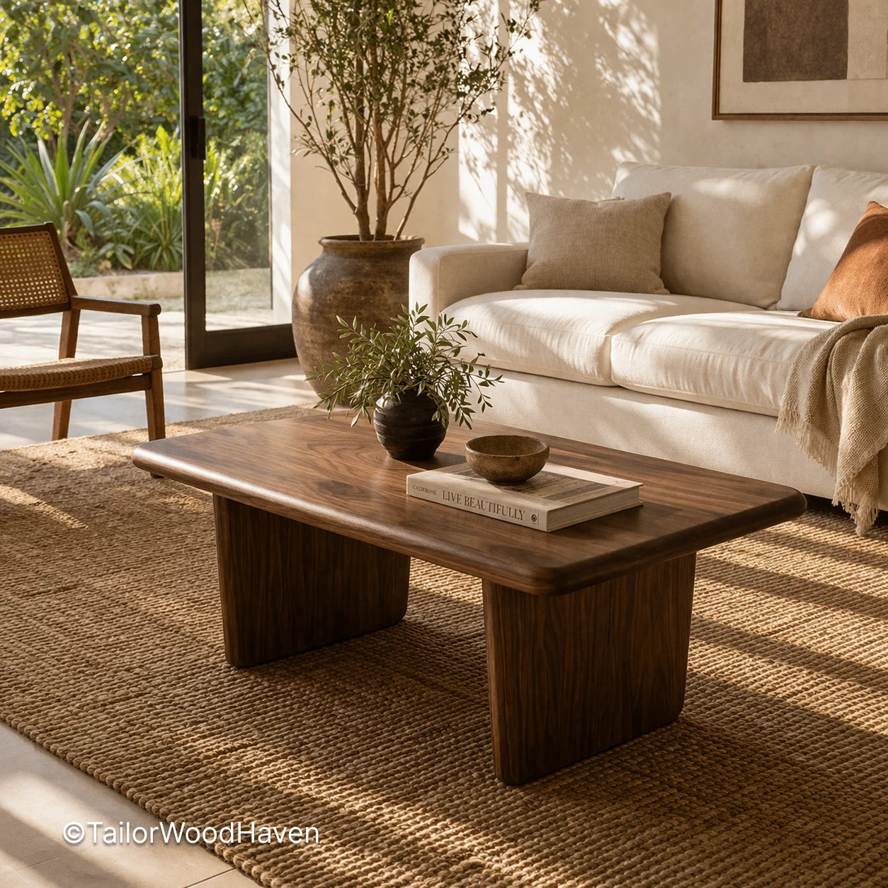 Durable solid wood coffee table with unique grain patterns and balanced proportions