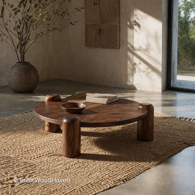 Solid walnut round coffee table with clean edges and smooth surface