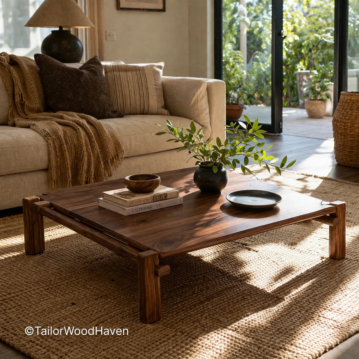 Large square solid wood coffee table with wide surface and natural grain detail