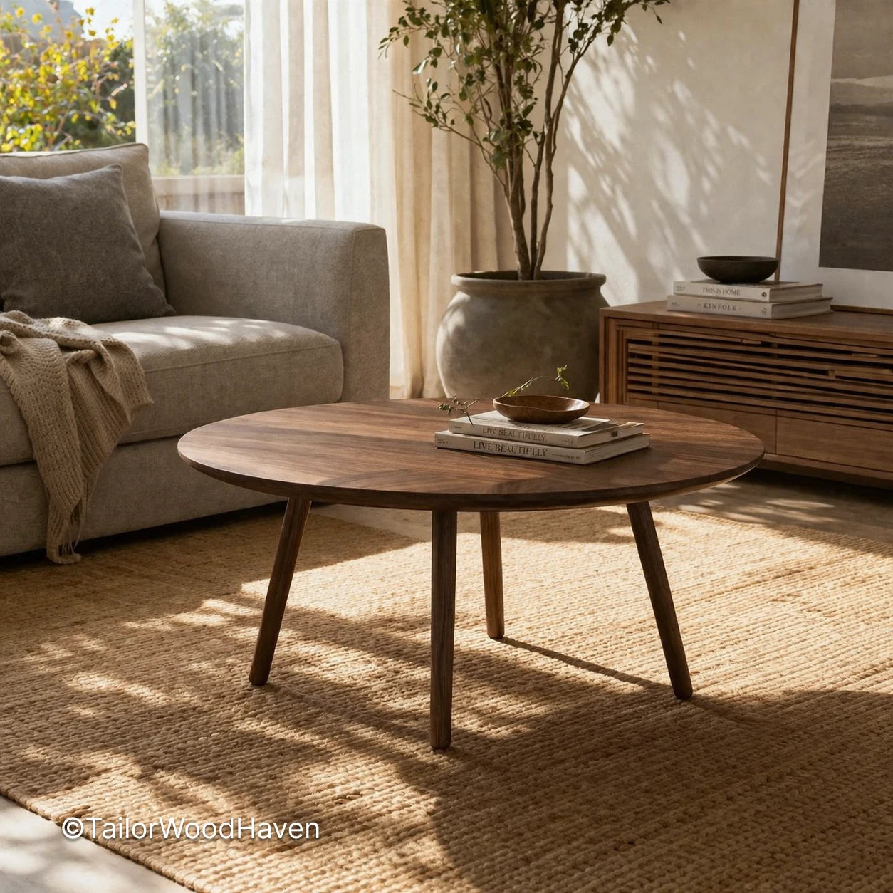 Solid wood round coffee table with minimalist mid century modern design