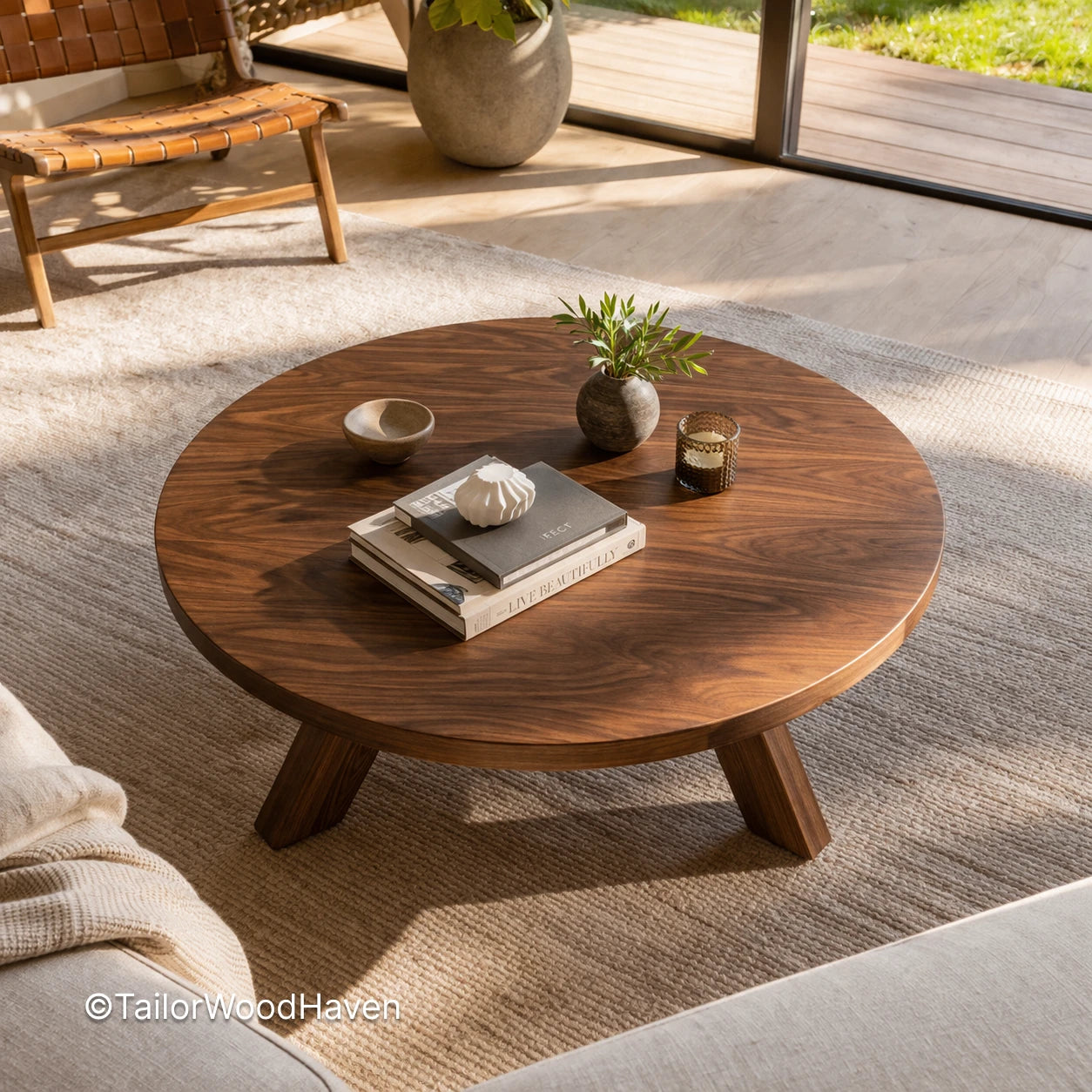 Solid wood round coffee table designed for everyday use with natural grain variation